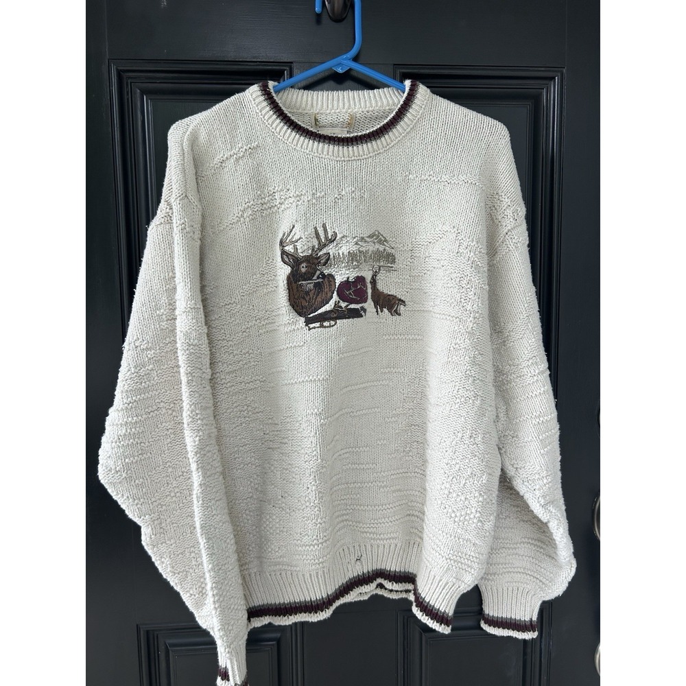 Vtg 90s St Johns Bay Deer Sweater Mens Large Cotton Embroidered Made In USA EUC